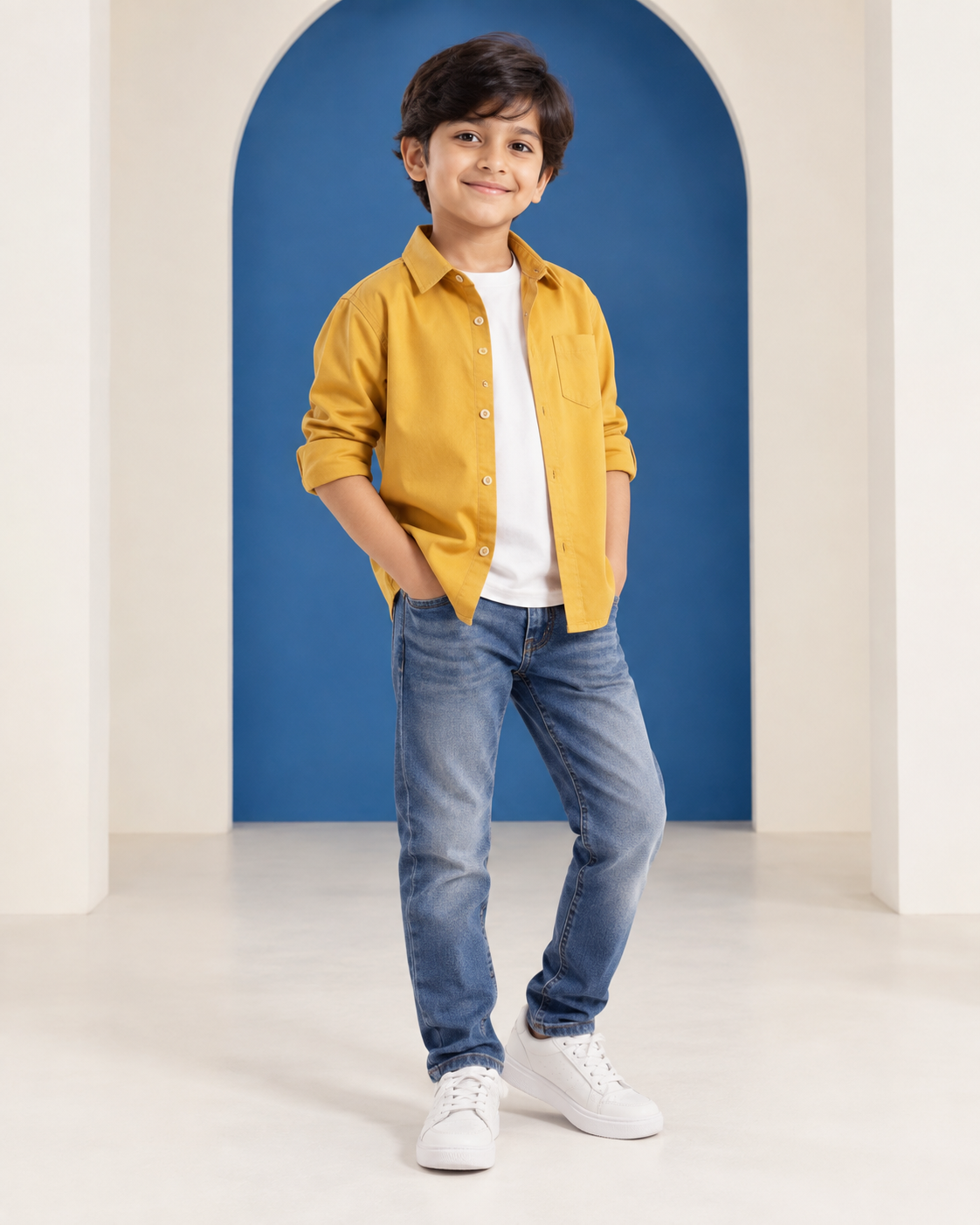 Boy wearing a mustard overshirt with white T-shirt and jeans