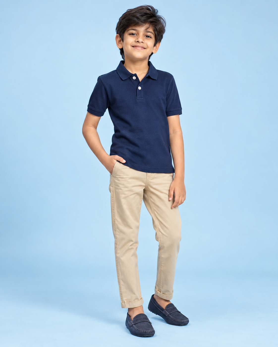 Boy wearing a navy polo shirt and beige chinos