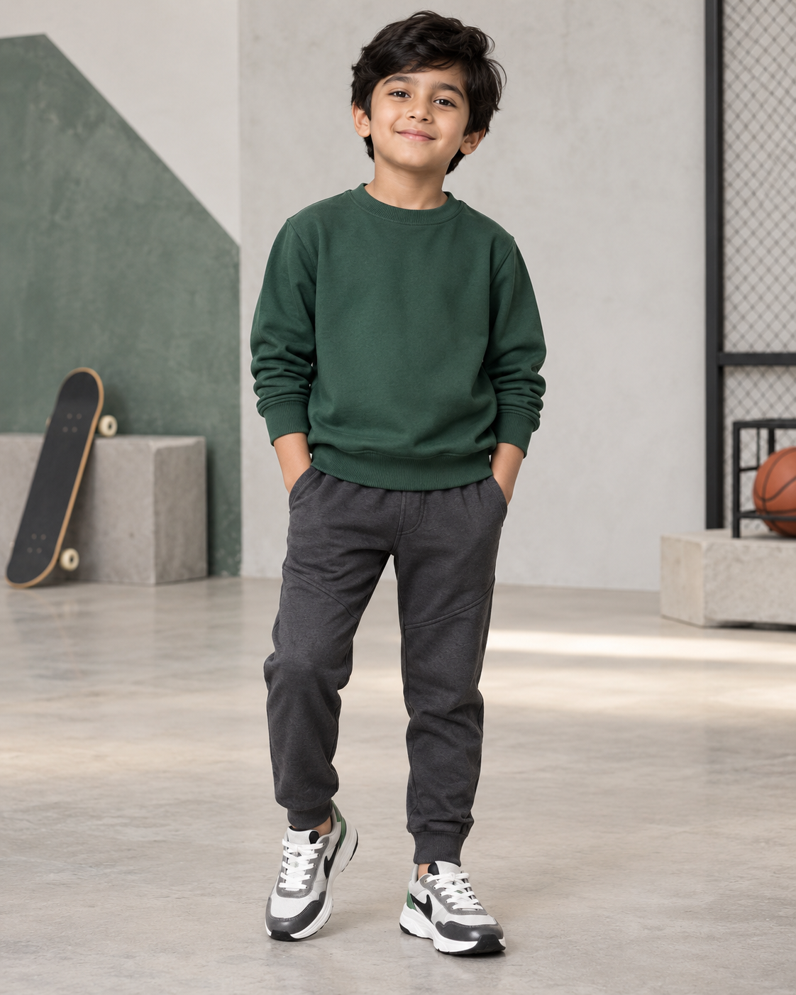 Boy wearing a forest green sweatshirt and joggers