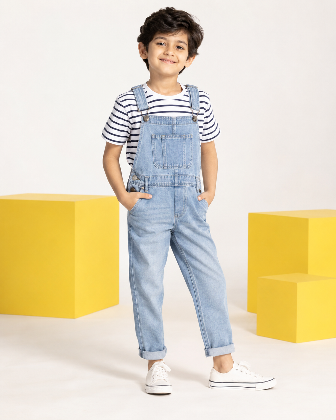Boy wearing denim dungarees and a striped T-shirt