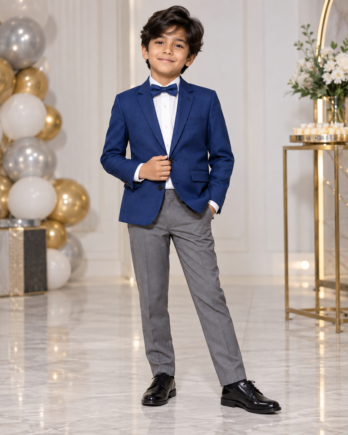 Boy wearing a cobalt blue blazer party suit