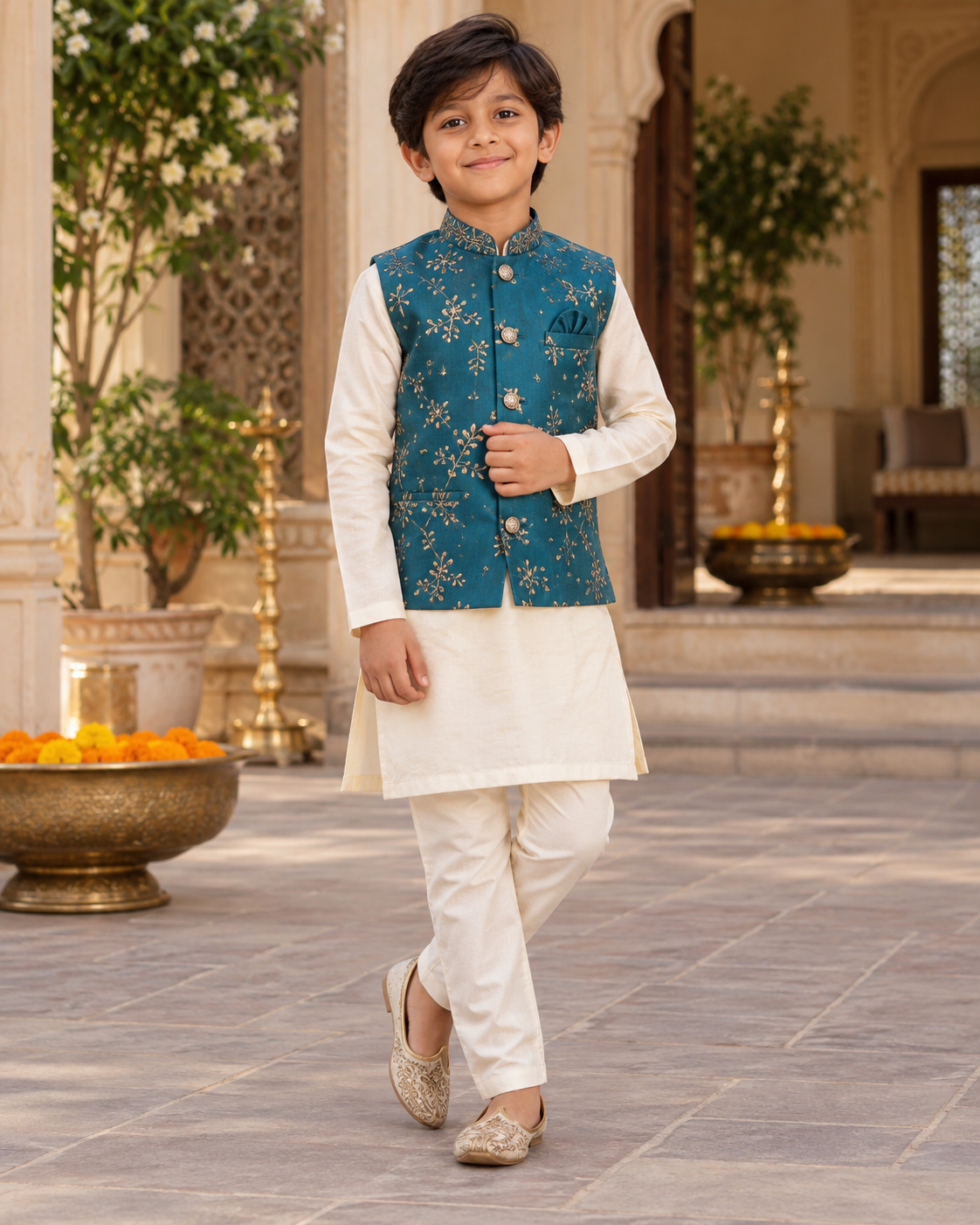 Boy wearing an ivory kurta with teal festive jacket