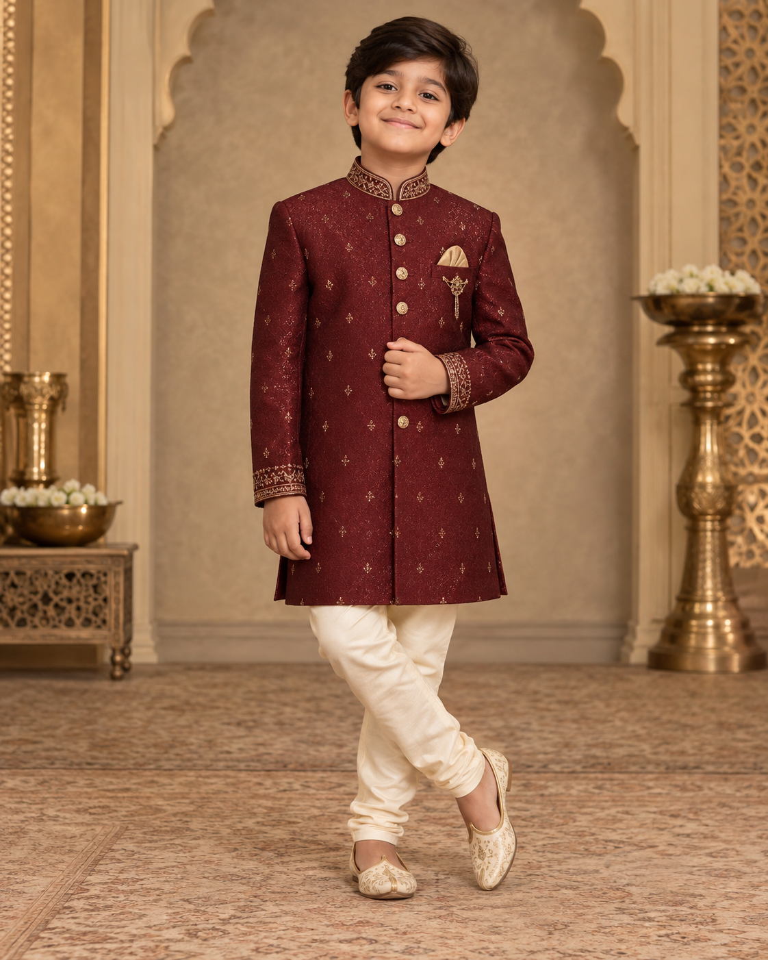 Boy wearing a maroon festive sherwani