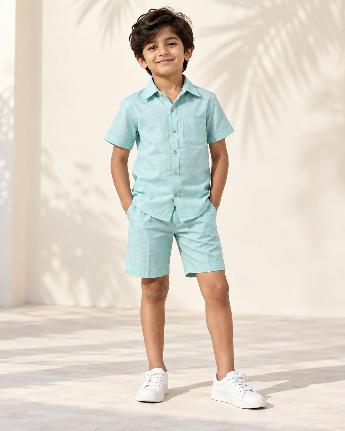 Boy wearing an aqua summer co-ord set
