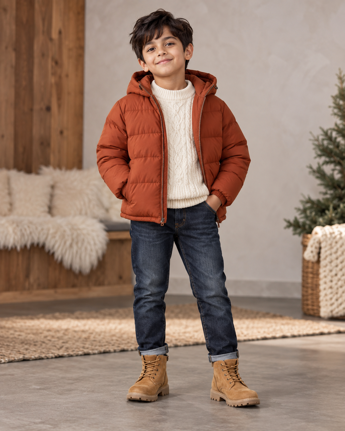 Boy wearing a rust puffer jacket winter outfit