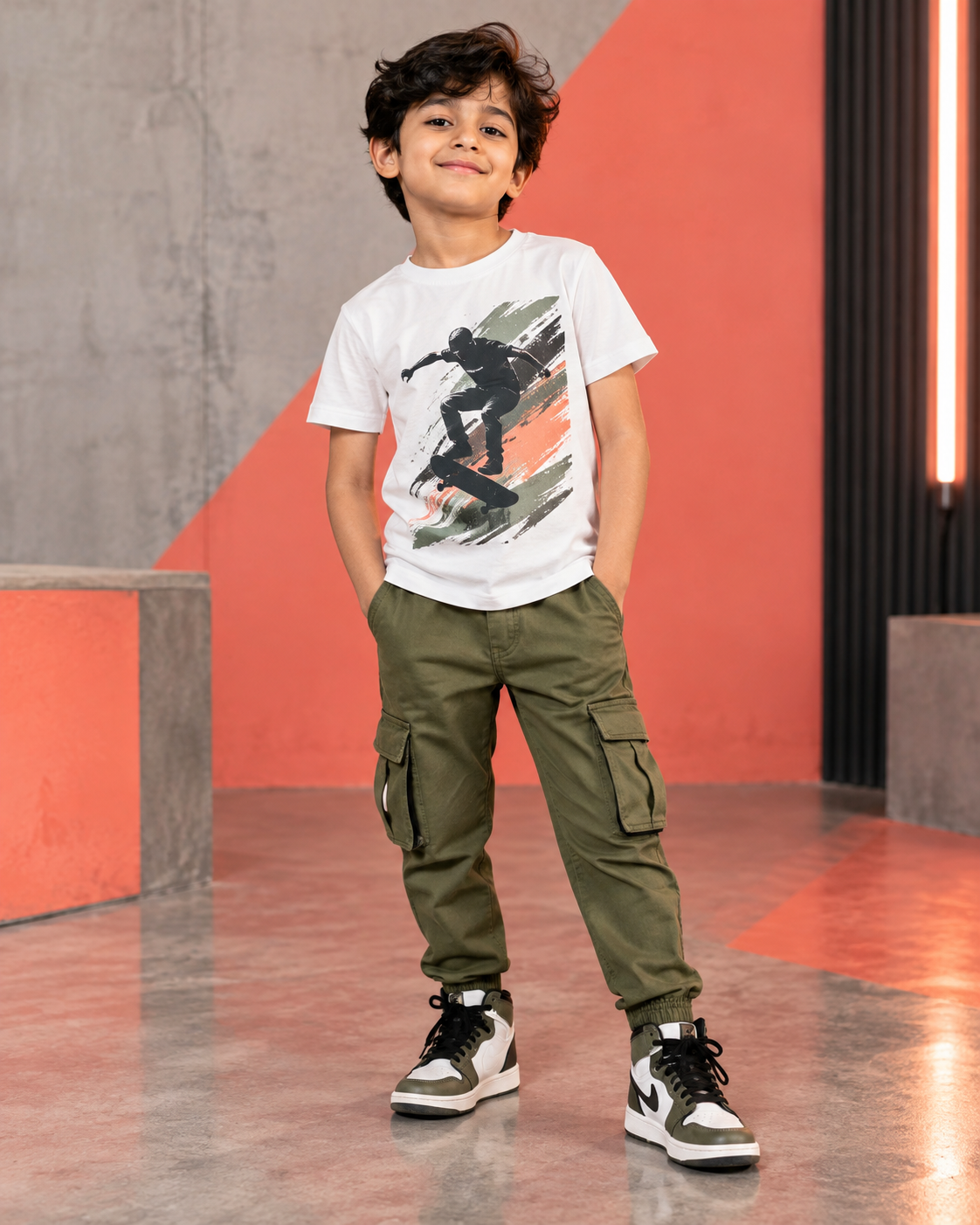 Boy wearing a graphic T-shirt and cargo trousers