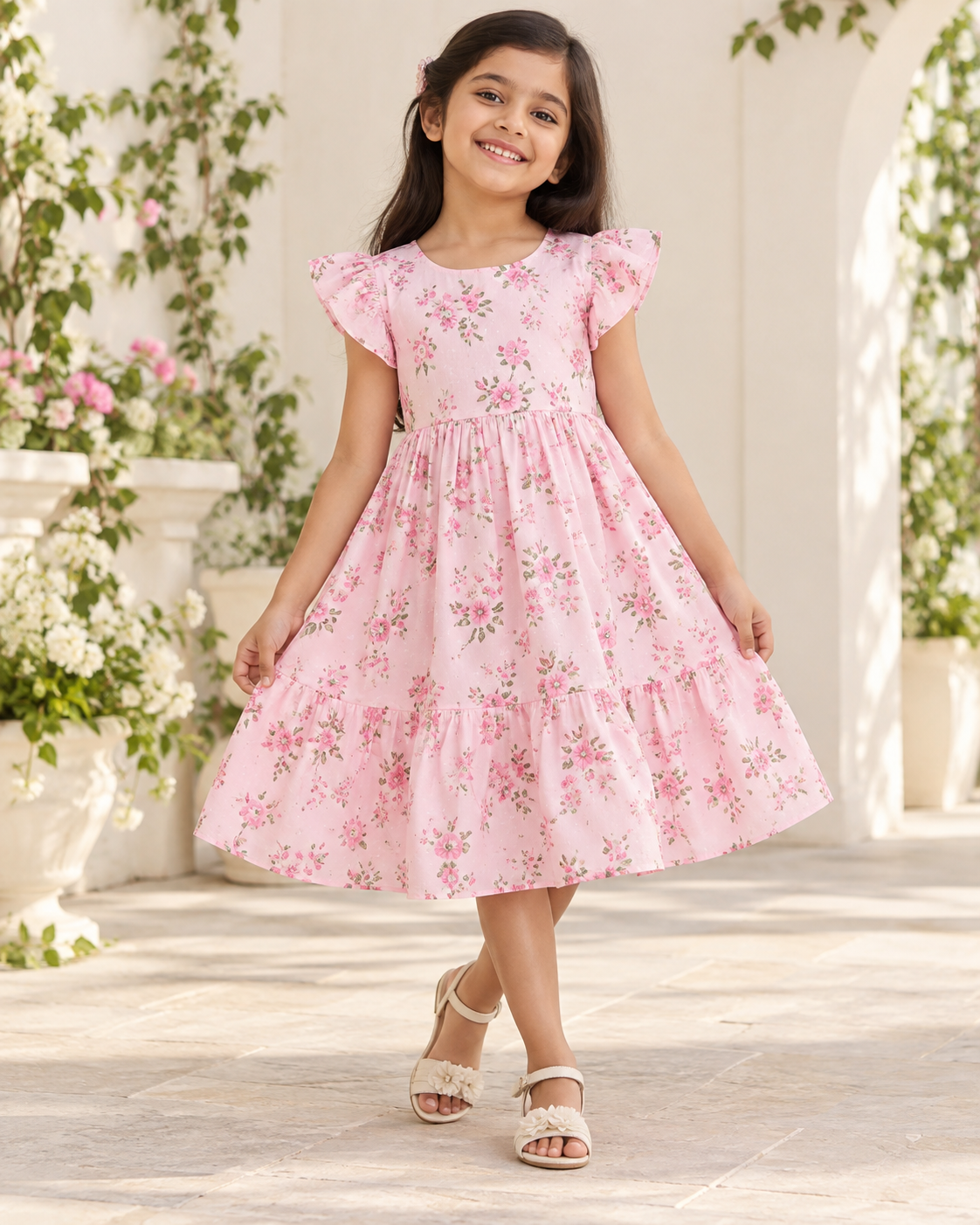 Girl wearing a pink floral cotton midi dress