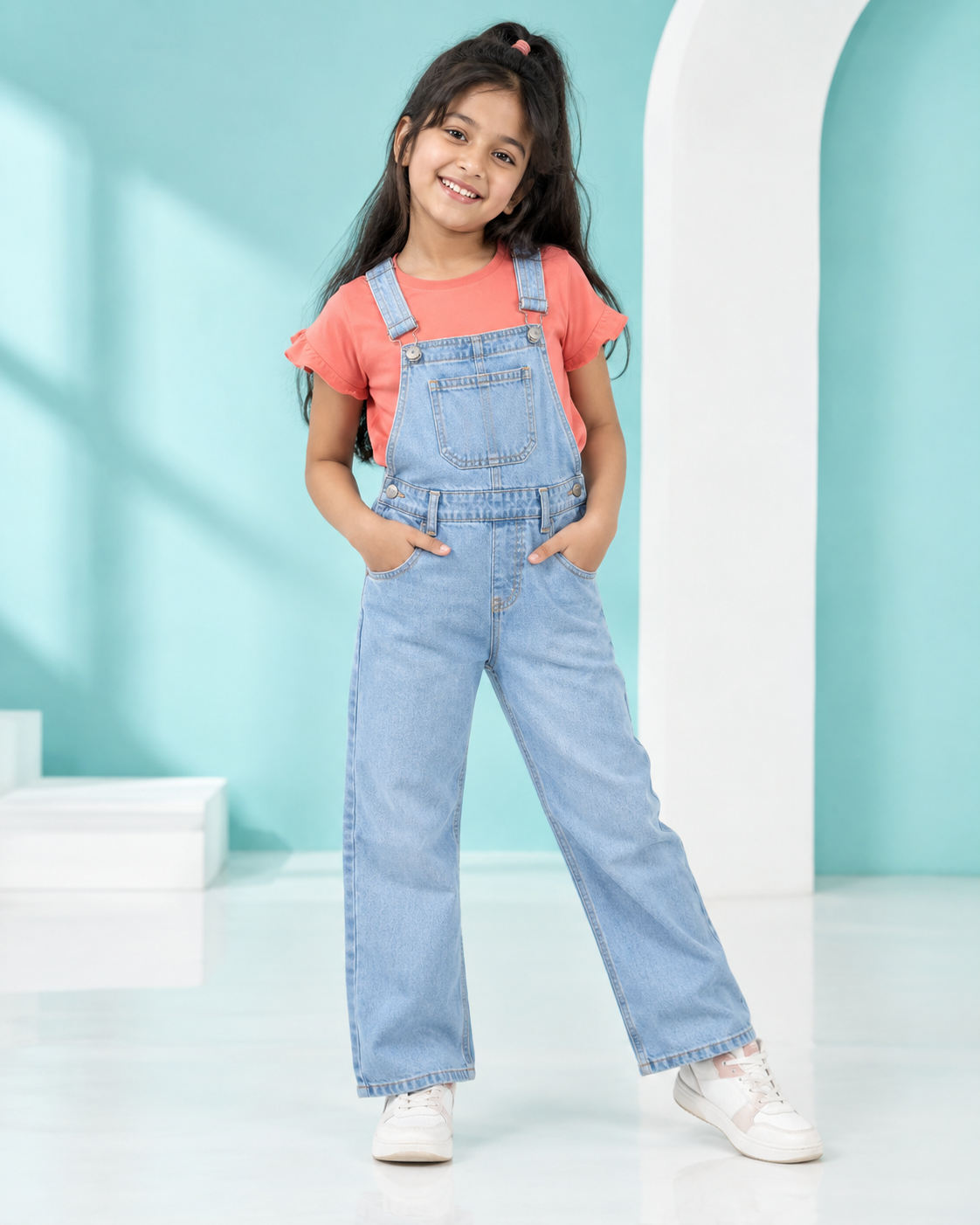 Girl wearing a denim jumpsuit with coral T-shirt