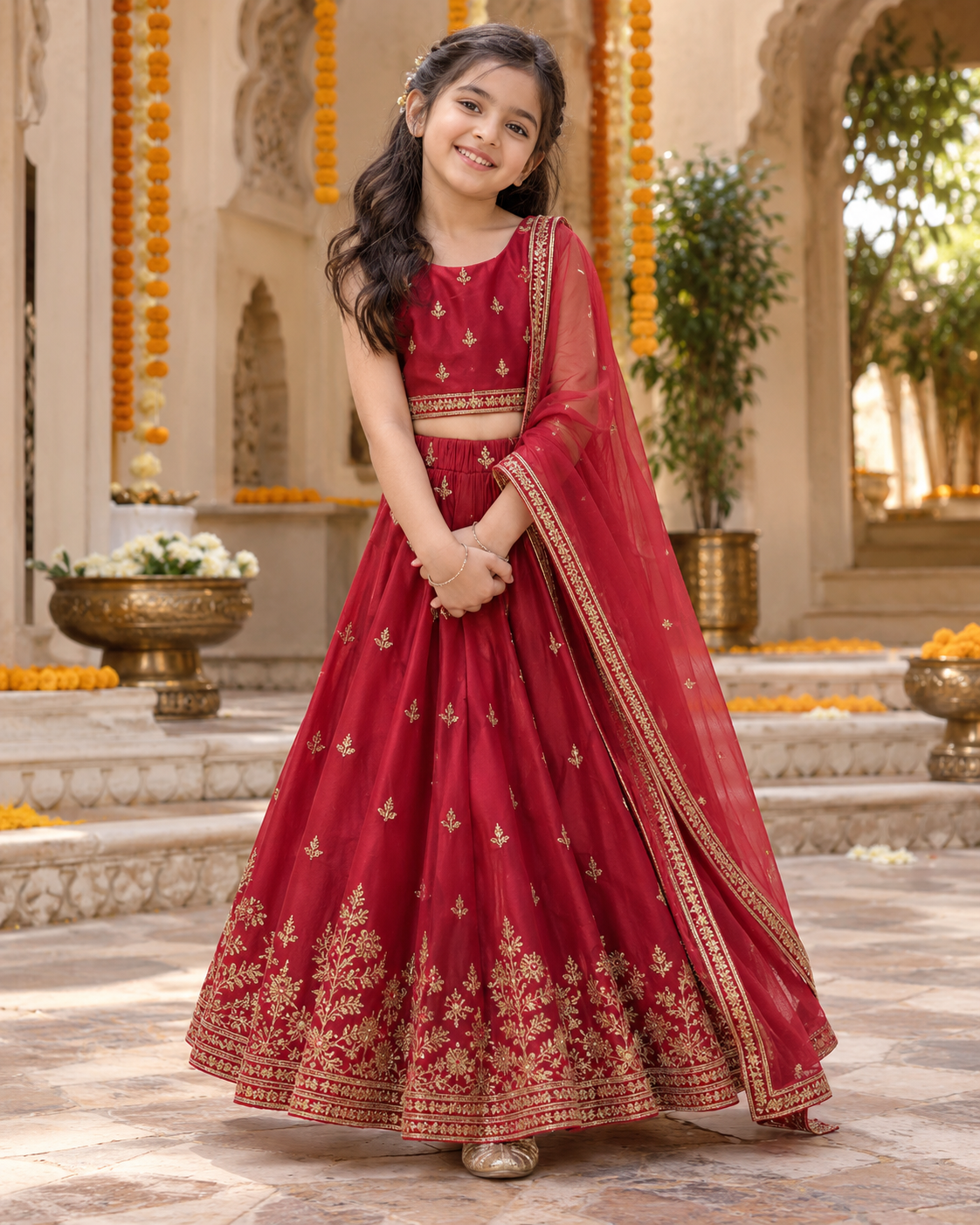 Girl wearing a ruby red festive lehenga