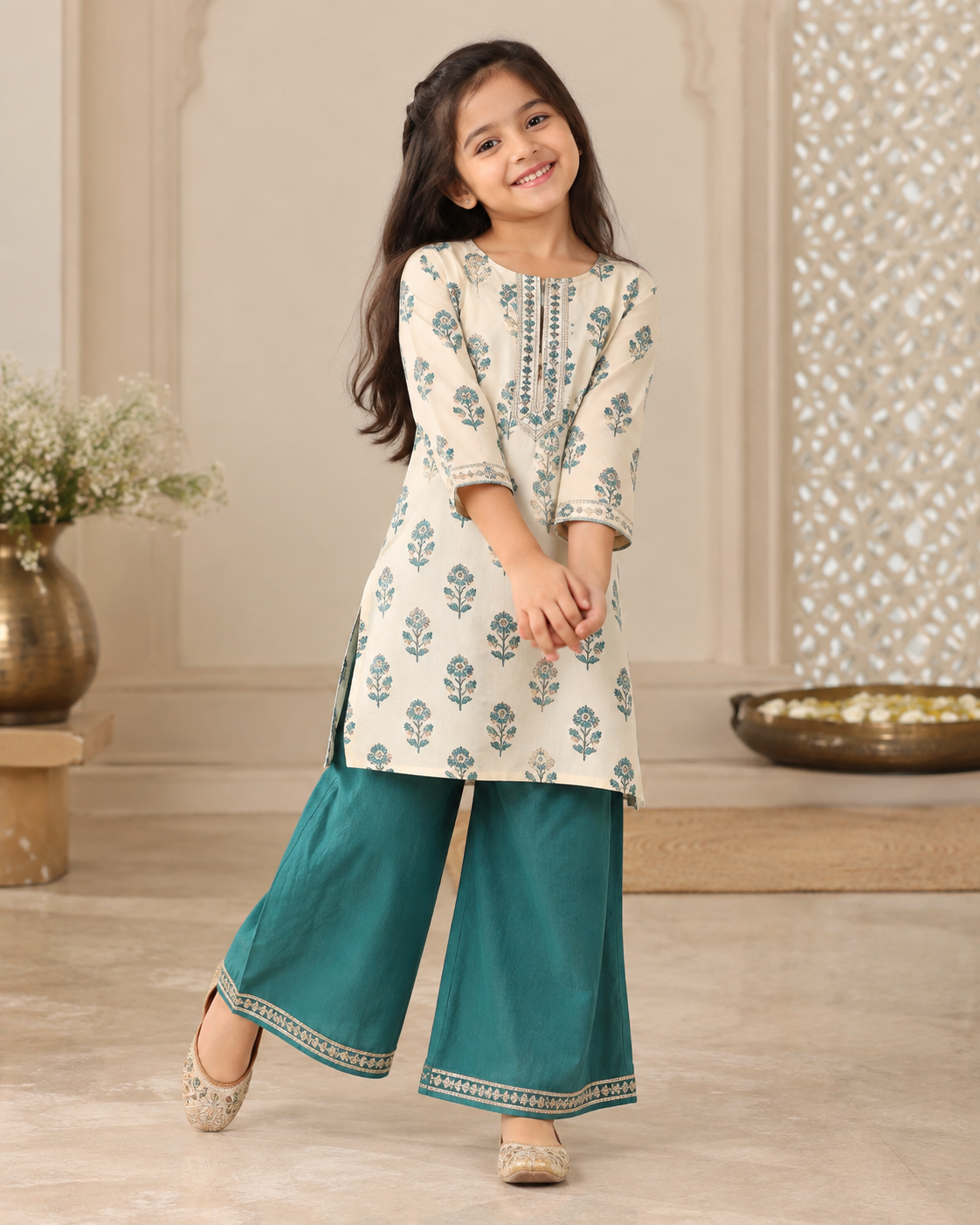 Girl wearing an ivory printed kurta with teal palazzo trousers