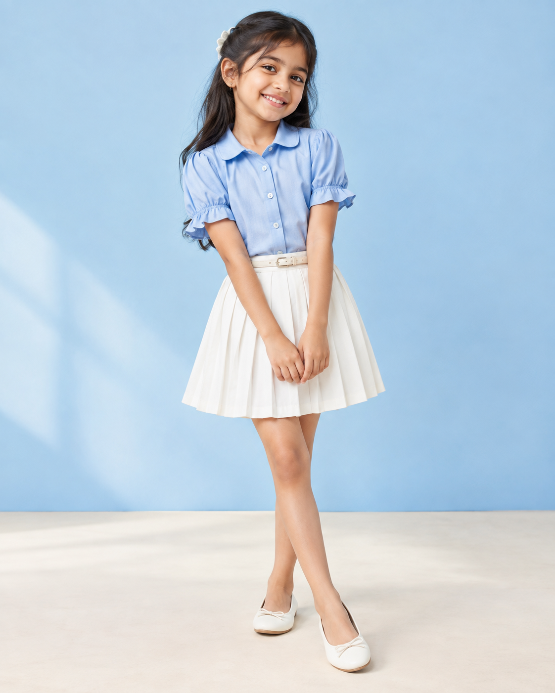 Girl wearing a sky blue blouse and white pleated skirt