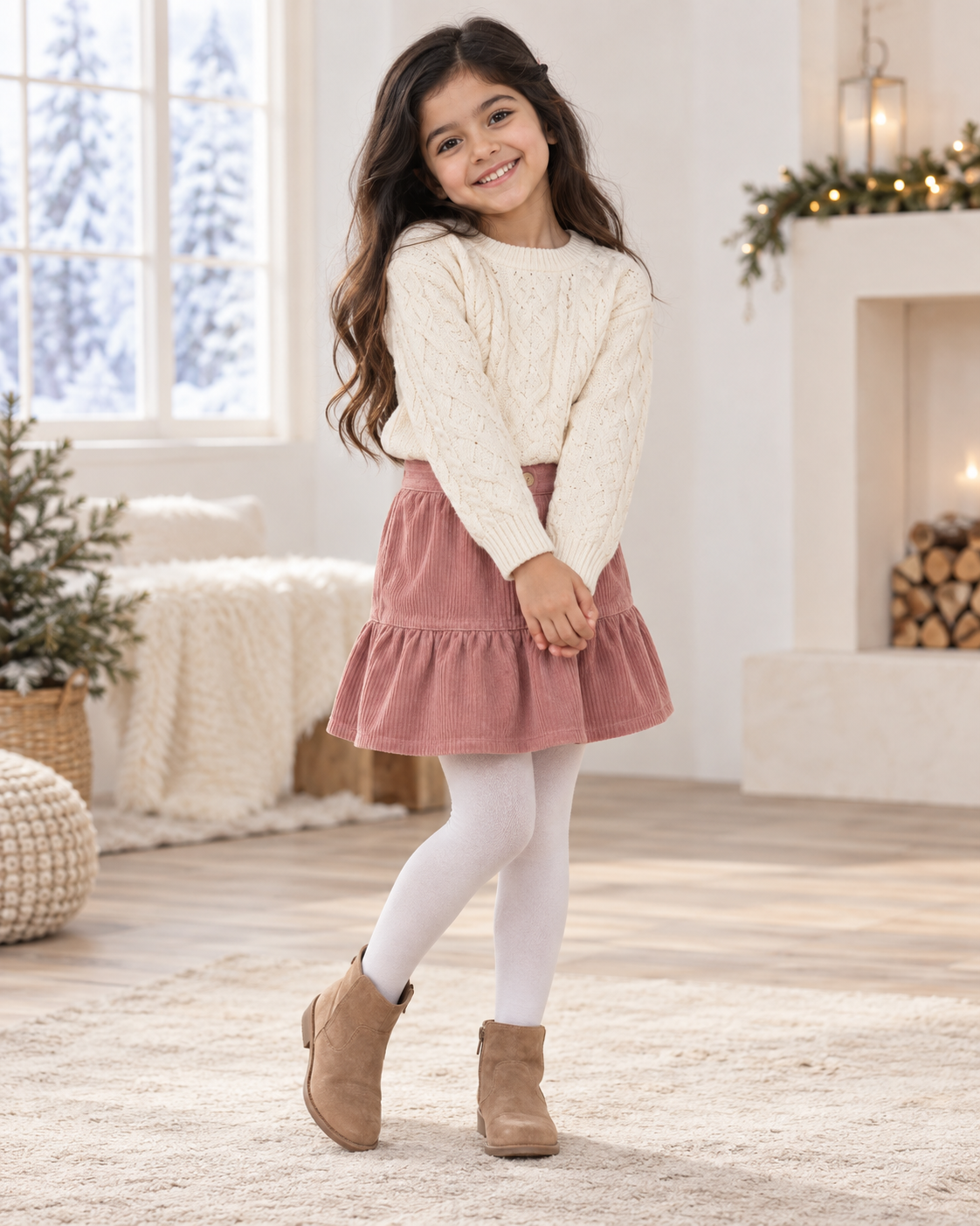 Girl wearing a cream knit sweater and dusty rose skirt