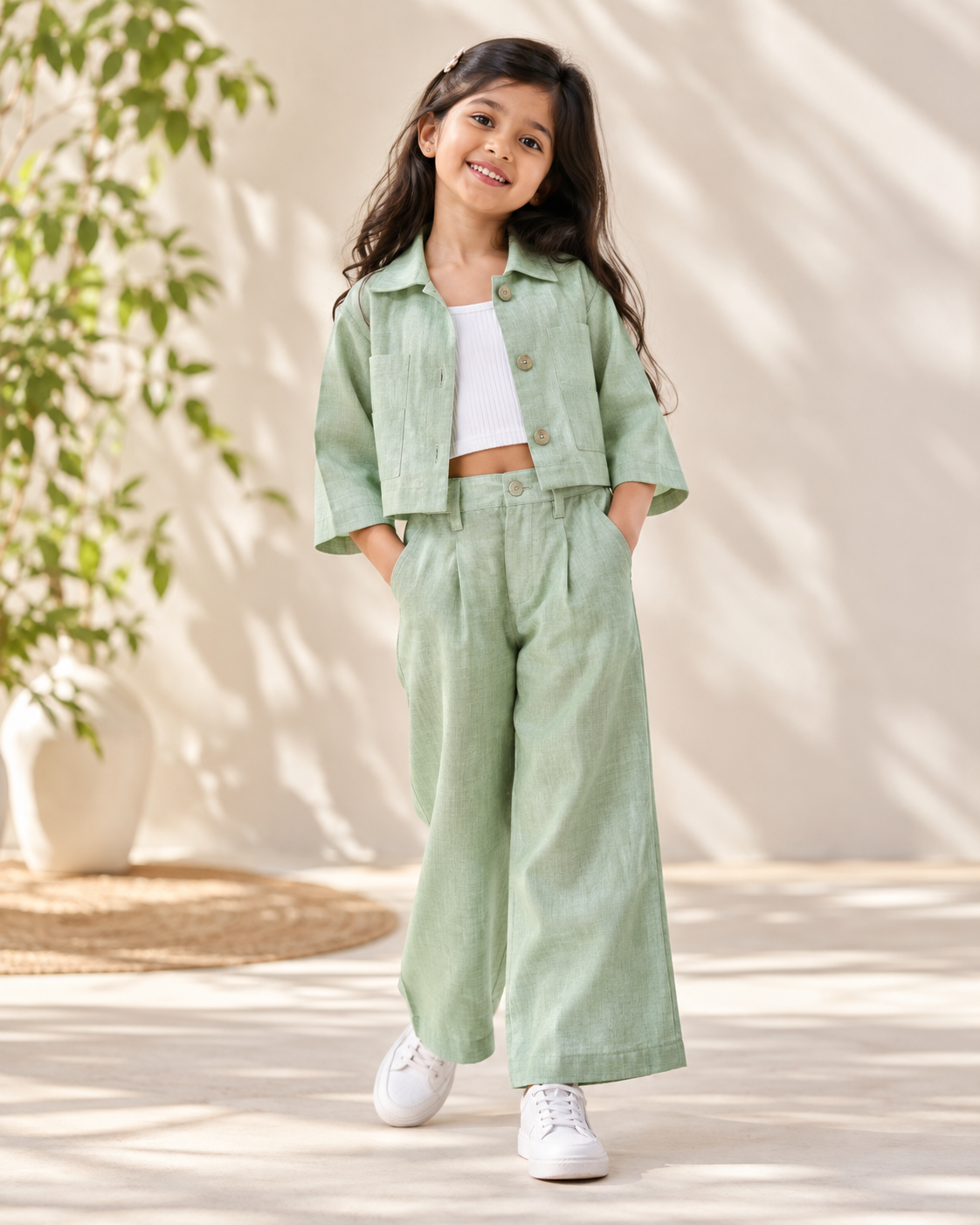 Girl wearing a mint green linen co-ord set