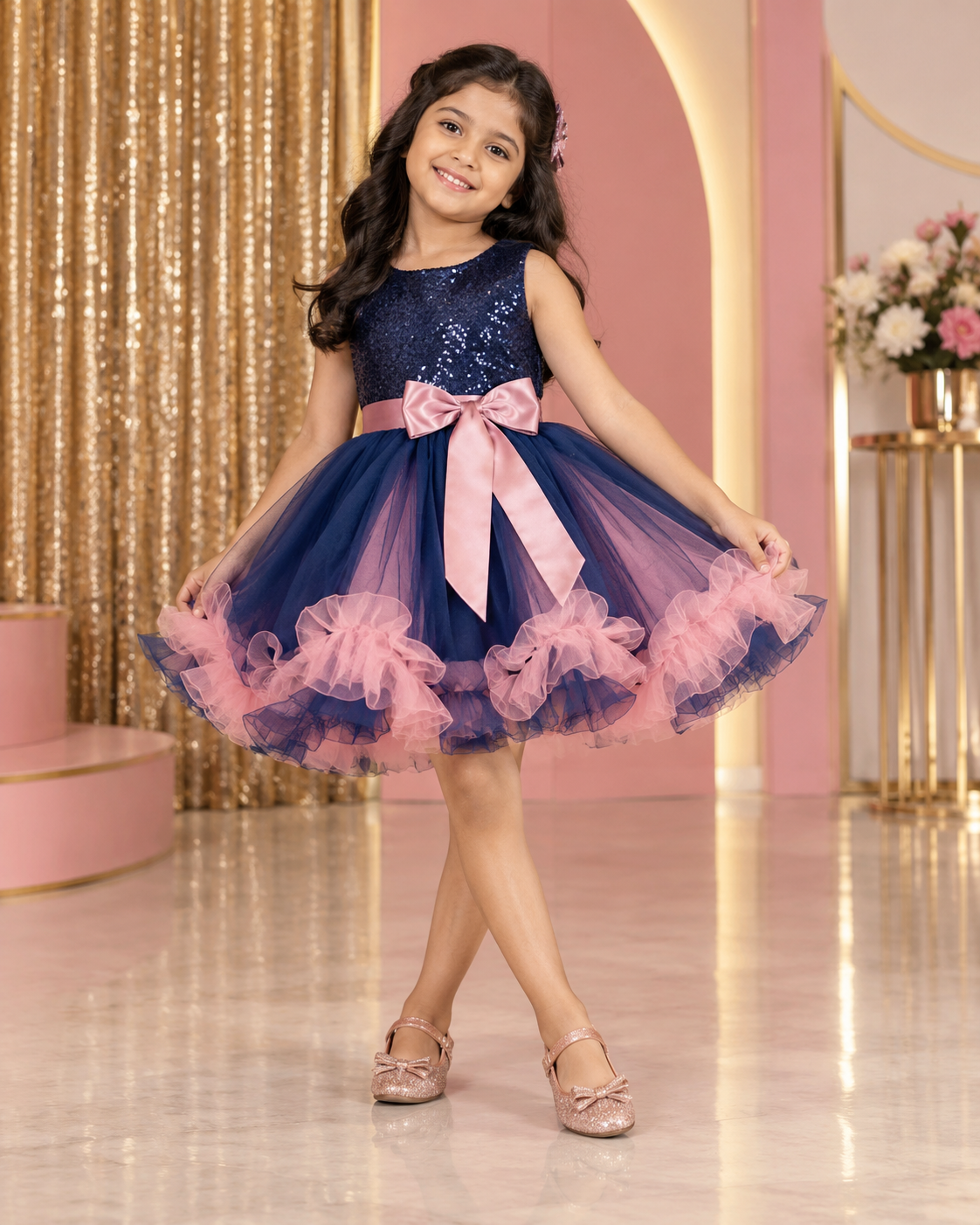 Girl wearing a navy and pink tutu party dress