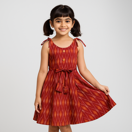 Rust Ikat Cotton Frock – Sleeveless Style