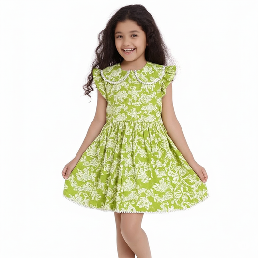 Elegant Green Floral Cotton Dress
