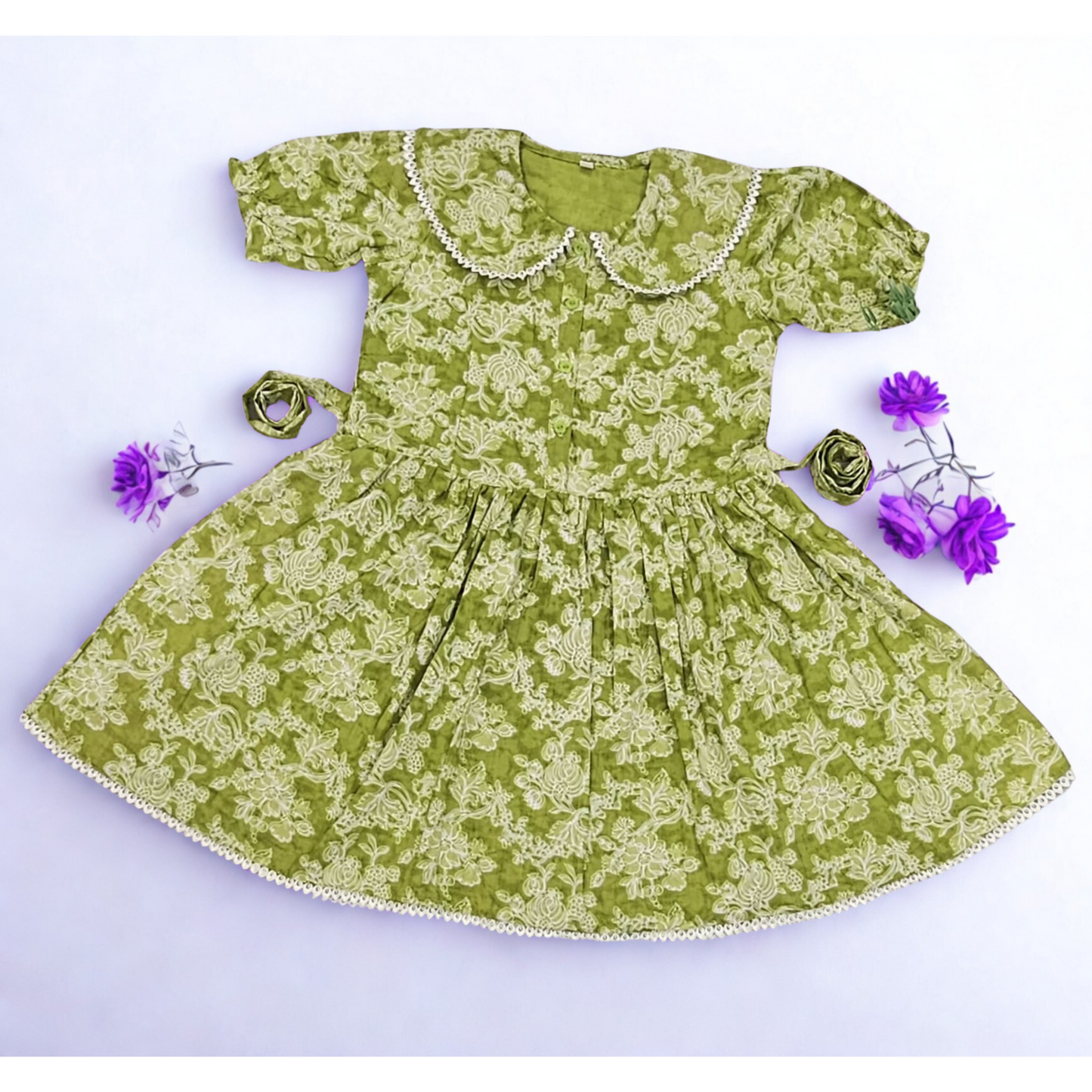 Elegant Green Floral Cotton Dress