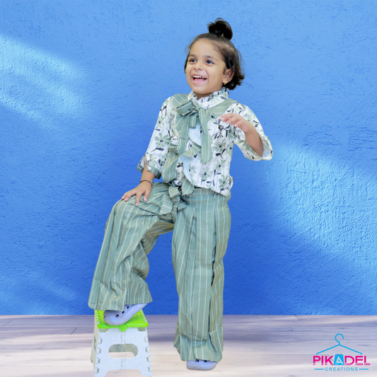 Co-ord Set Floral Top with a Bow Tie and Striped Wide-Leg Pants